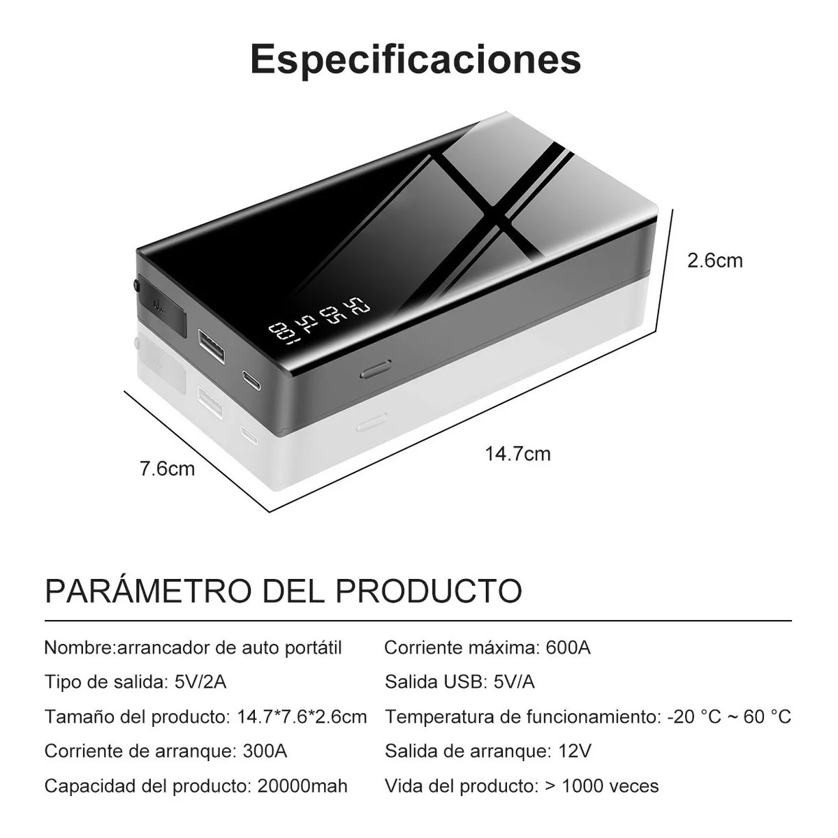 Arrancador De Auto Portátil Cargador Baterias De Emergencia.