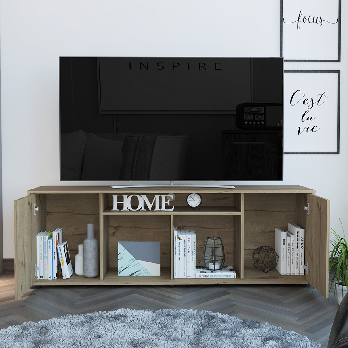 MUEBLE DE TV ARMABLE IDEAL PARA UN PANTALLA DE 65" CON ESTANTES Y PUERTAS MODELO PRANA COLOR DUNA.