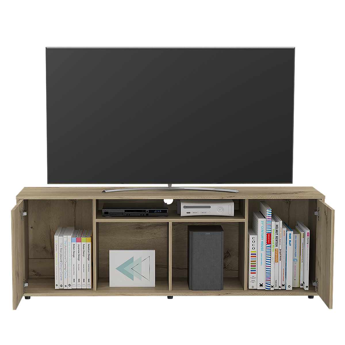 MUEBLE DE TV ARMABLE IDEAL PARA UN PANTALLA DE 65" CON ESTANTES Y PUERTAS MODELO PRANA COLOR DUNA.