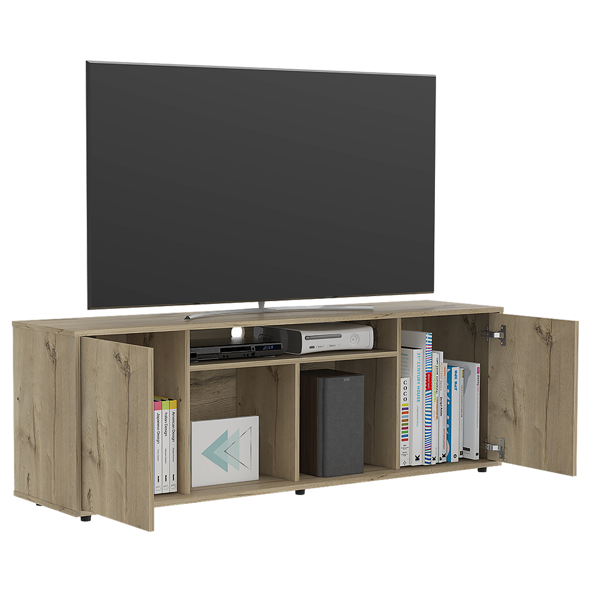 MUEBLE DE TV ARMABLE IDEAL PARA UN PANTALLA DE 65" CON ESTANTES Y PUERTAS MODELO PRANA COLOR DUNA.