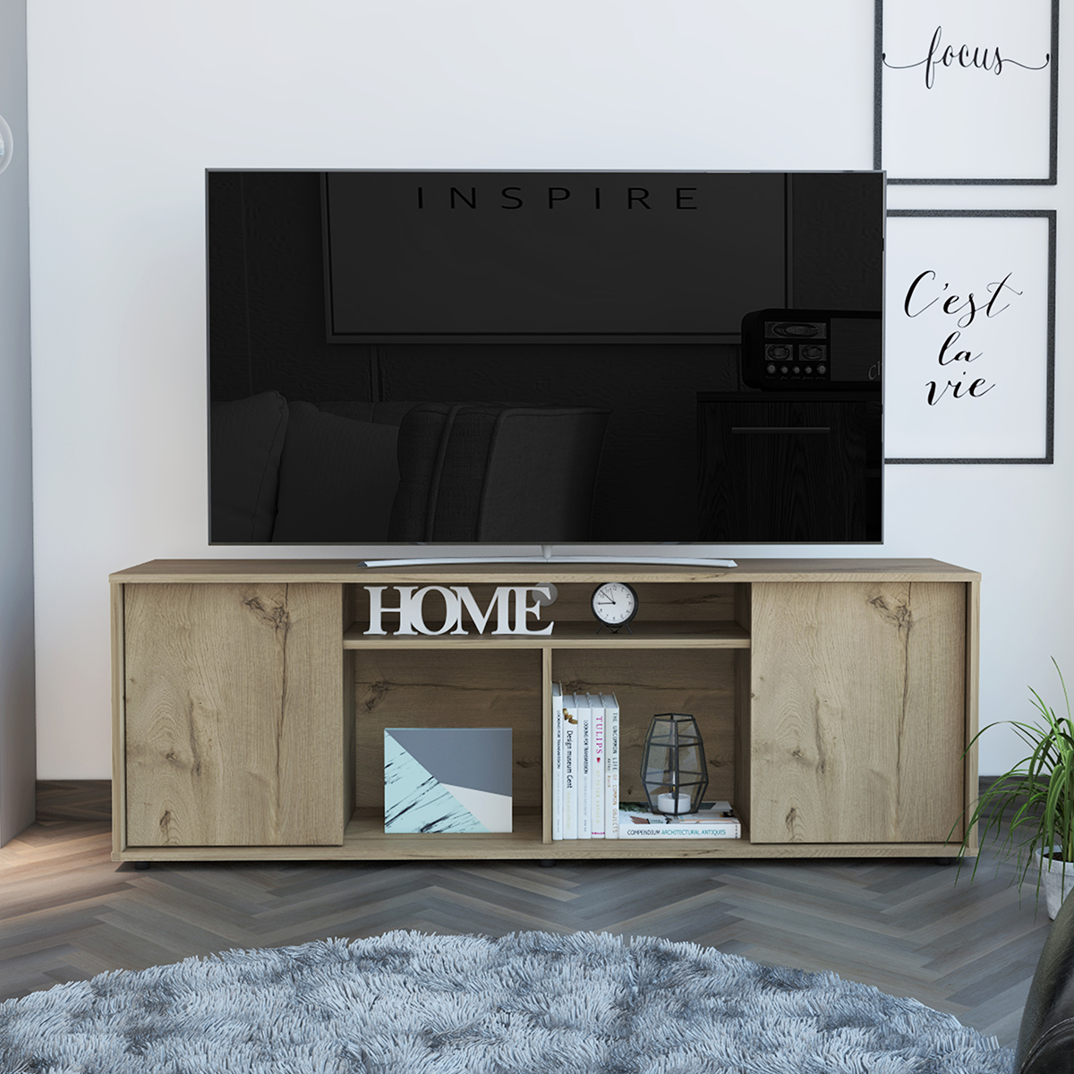 MUEBLE DE TV ARMABLE IDEAL PARA UN PANTALLA DE 65" CON ESTANTES Y PUERTAS MODELO PRANA COLOR DUNA.