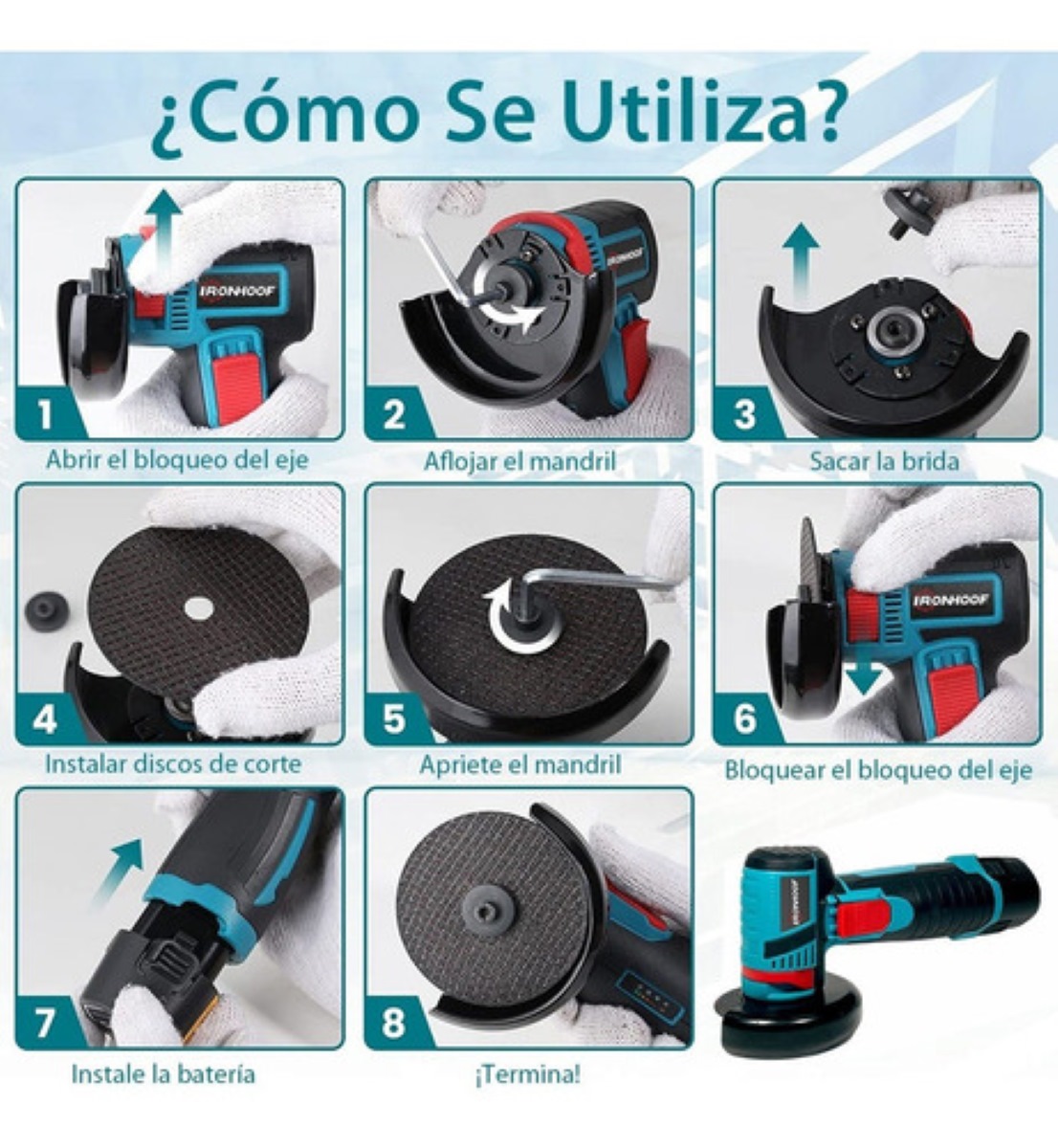 Mini Esmeril Angular Inalámbrica Pulidora 12v 75mm 2 Batería Azul/Negro