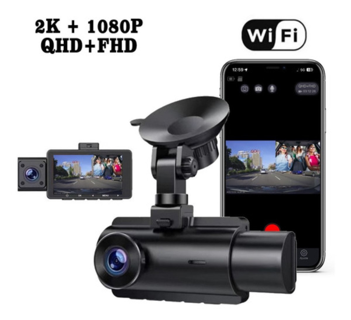 2k Doble Cámara Para Auto 1080p Hd Frente E Interior Negro