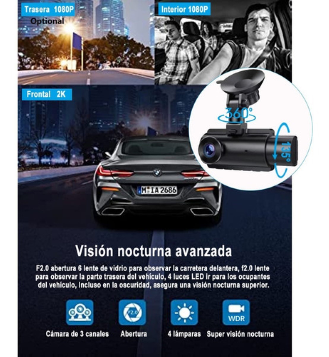 2k Doble Cámara Para Auto 1080p Hd Frente E Interior Negro