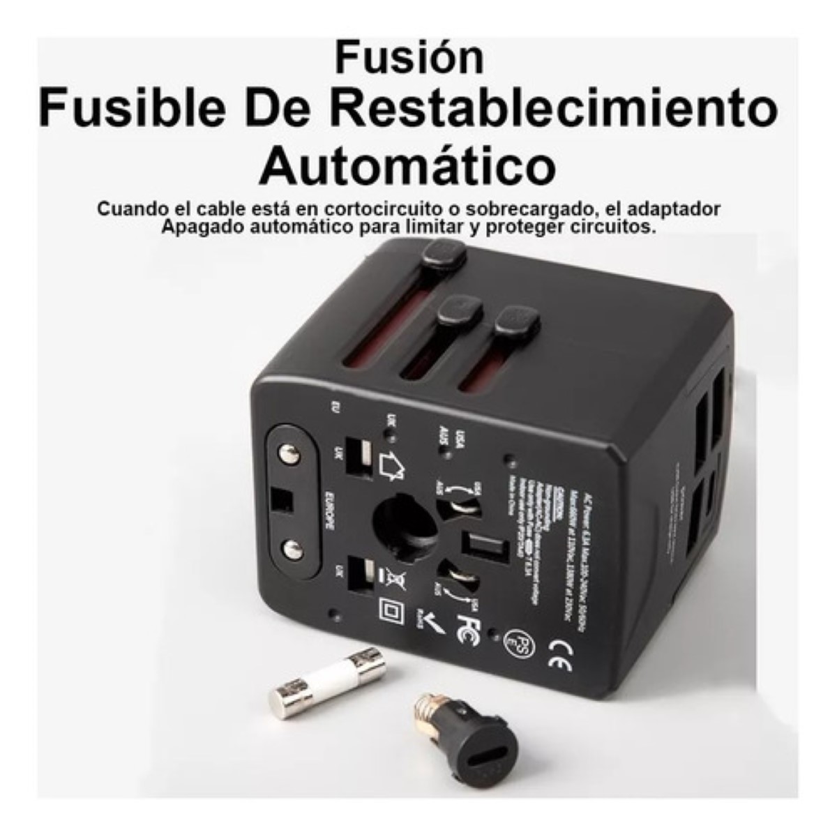 Enchufe Adaptador Universal De Viaje, 3 Usb+1 Tipo C 4 Modos negro
