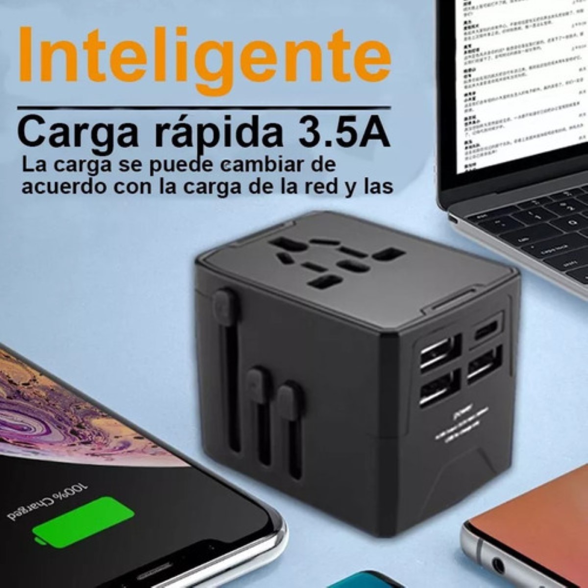 Enchufe Adaptador Universal De Viaje, 3 Usb+1 Tipo C 4 Modos negro