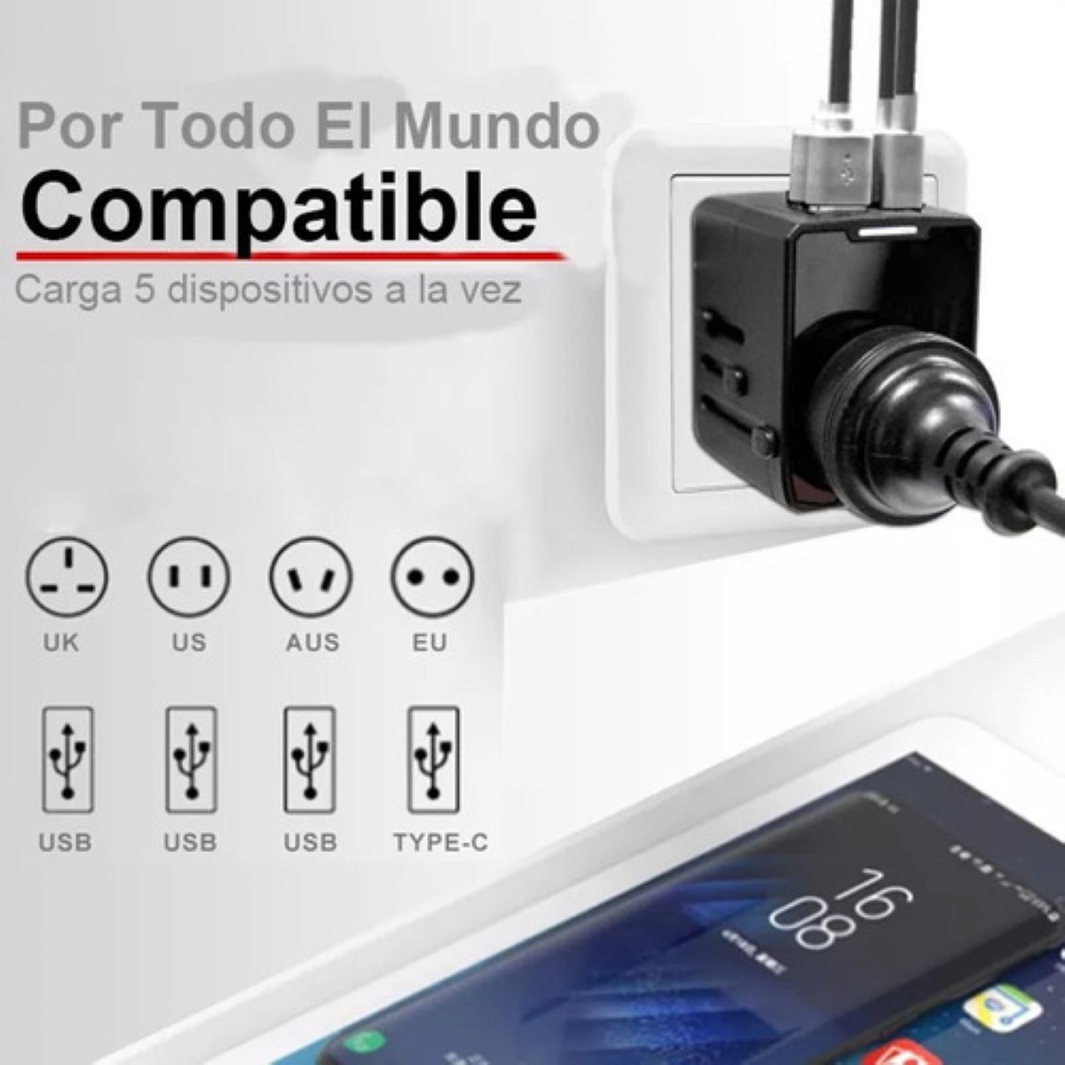 Enchufe Adaptador Universal De Viaje, 3 Usb+1 Tipo C 4 Modos negro