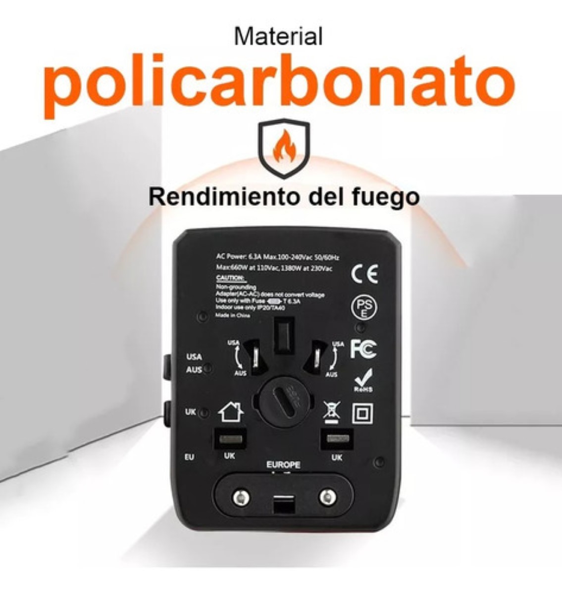 Enchufe Adaptador Universal De Viaje, 3 Usb+1 Tipo C 4 Modos negro