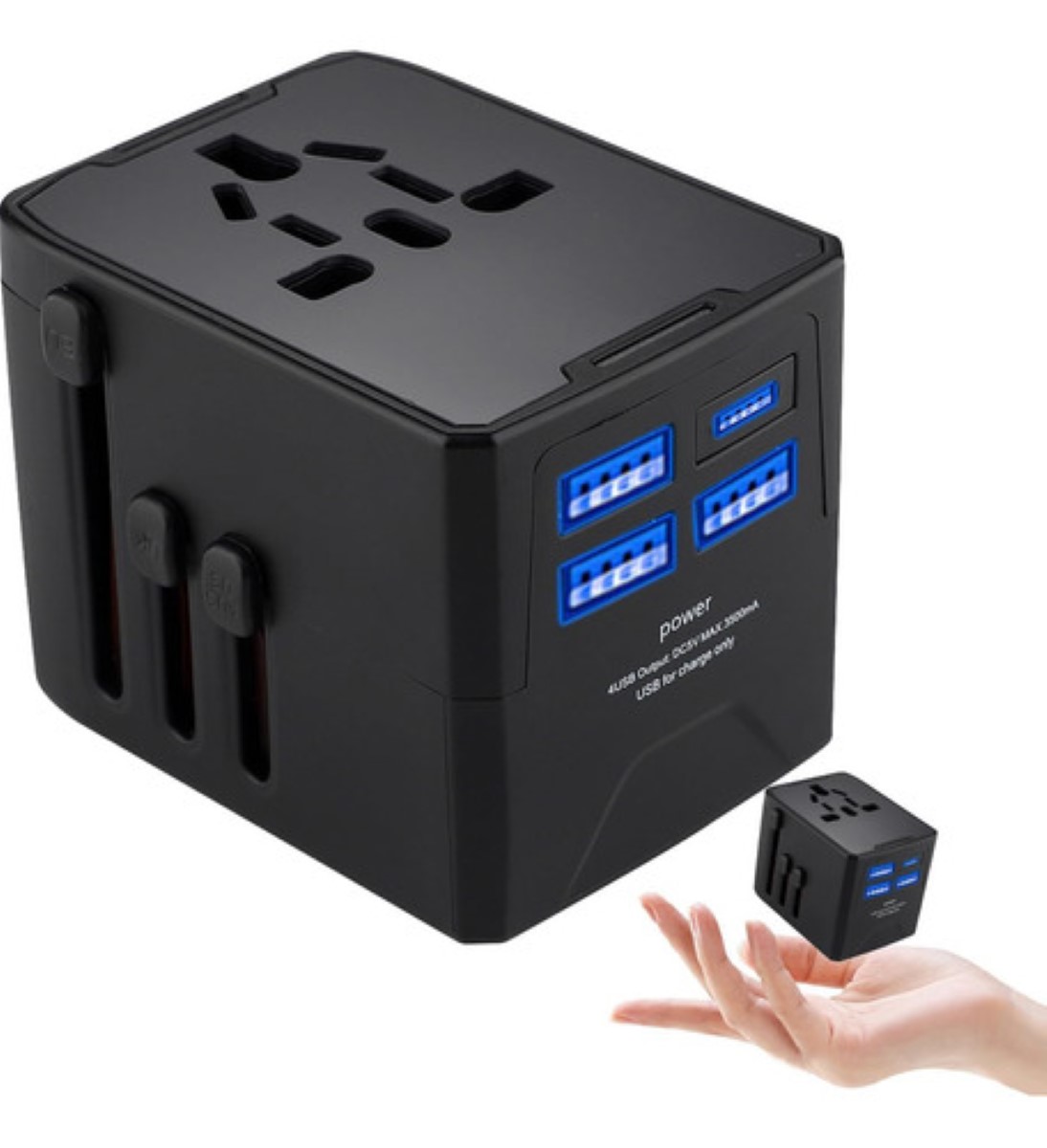 Enchufe Adaptador Universal De Viaje, 3 Usb+1 Tipo C 4 Modos negro