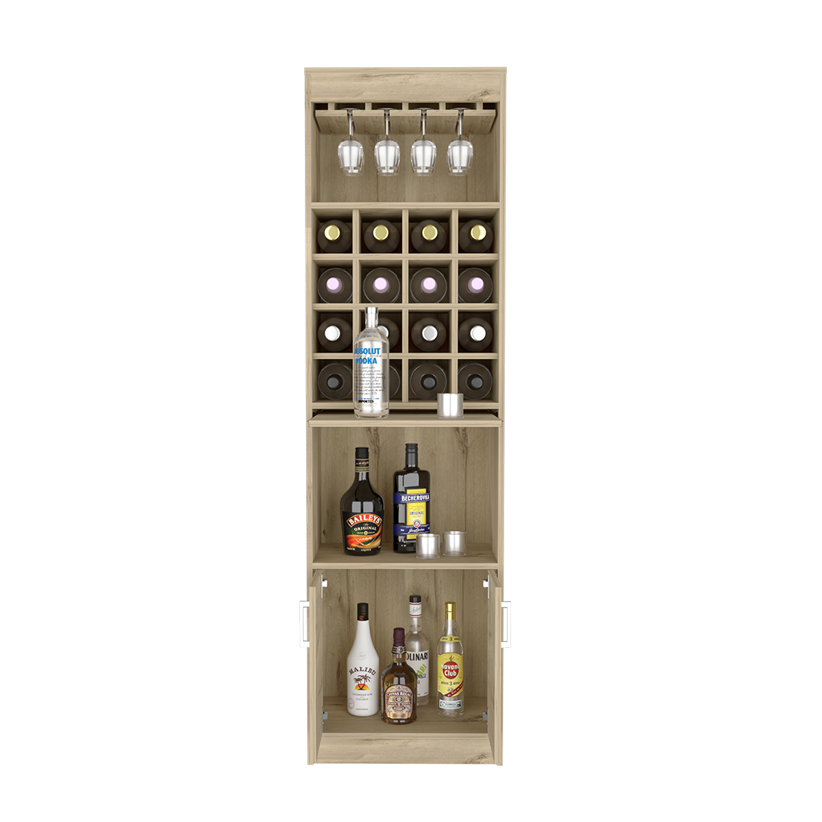 MUEBLE ESTANTE DE BAR ARMABLE MODELO KAVA CON ENTREPAÑOS PUERTAS, MESITA DESLIZABLE, PORTACOPAS COLOR BEIGE.