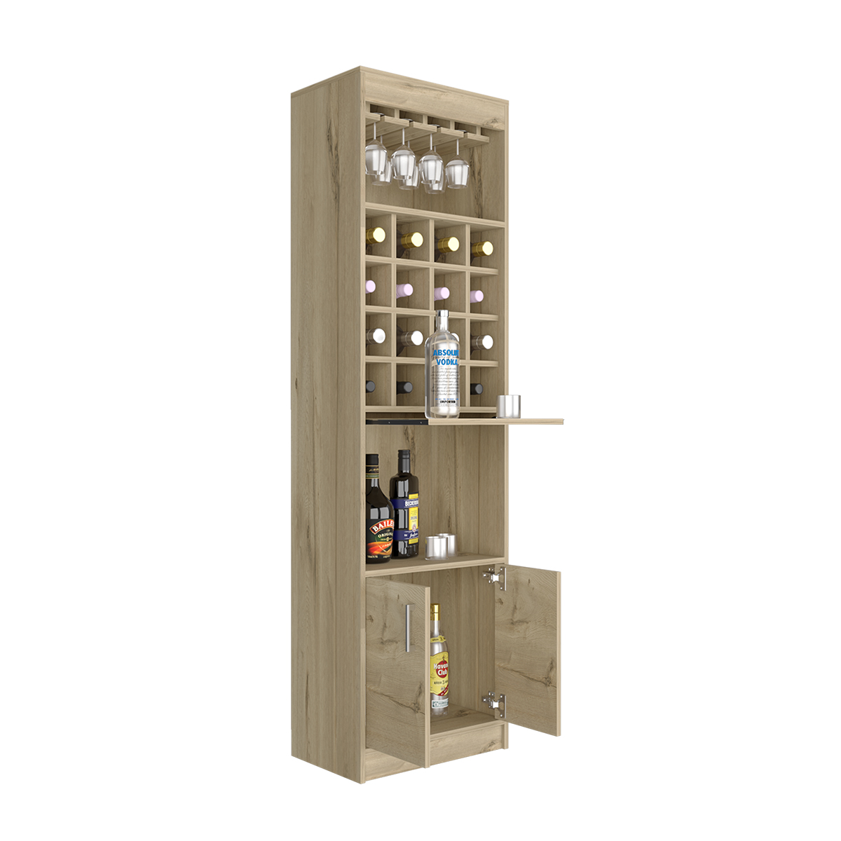MUEBLE ESTANTE DE BAR ARMABLE MODELO KAVA CON ENTREPAÑOS PUERTAS, MESITA DESLIZABLE, PORTACOPAS COLOR BEIGE.