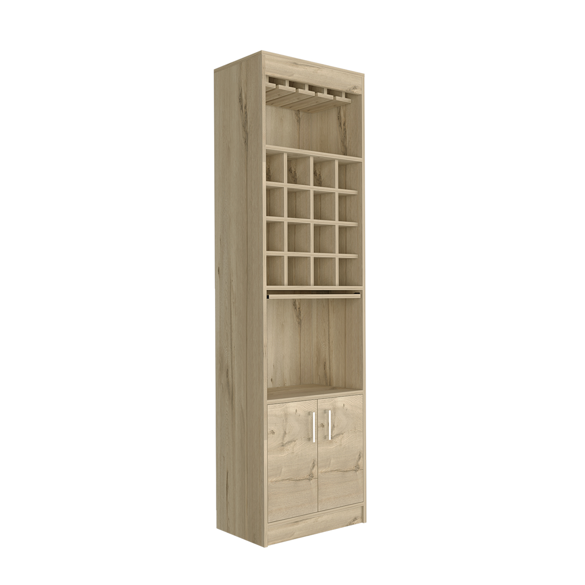 MUEBLE ESTANTE DE BAR ARMABLE MODELO KAVA CON ENTREPAÑOS PUERTAS, MESITA DESLIZABLE, PORTACOPAS COLOR BEIGE.