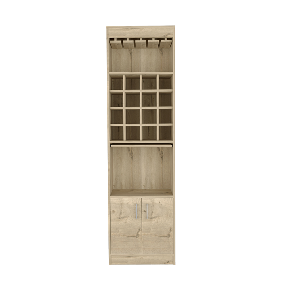 MUEBLE ESTANTE DE BAR ARMABLE MODELO KAVA CON ENTREPAÑOS PUERTAS, MESITA DESLIZABLE, PORTACOPAS COLOR BEIGE.