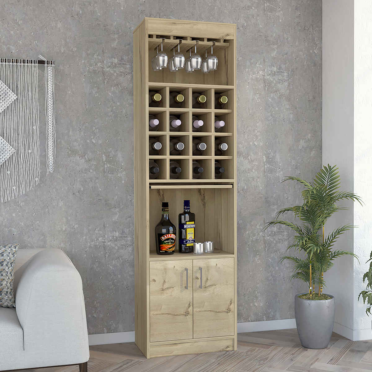 MUEBLE ESTANTE DE BAR ARMABLE MODELO KAVA CON ENTREPAÑOS PUERTAS, MESITA DESLIZABLE, PORTACOPAS COLOR BEIGE.