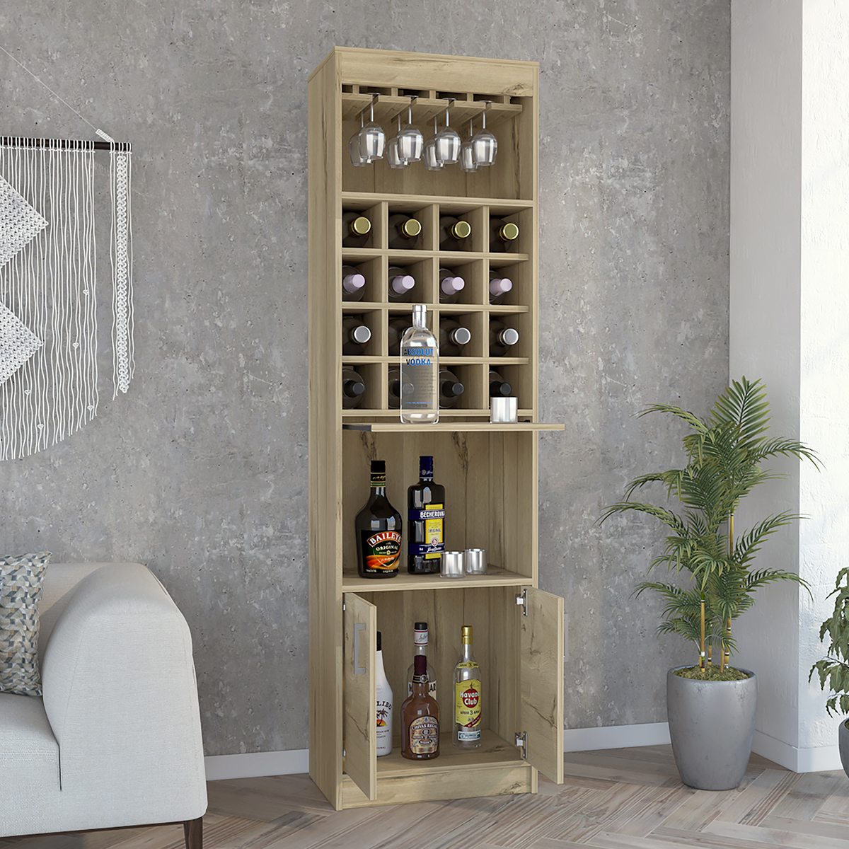 MUEBLE ESTANTE DE BAR ARMABLE MODELO KAVA CON ENTREPAÑOS PUERTAS, MESITA DESLIZABLE, PORTACOPAS COLOR BEIGE.
