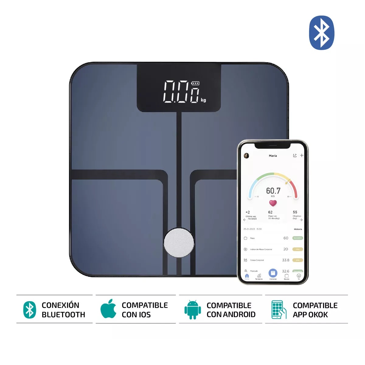 Bascula Digital Inteligente Bluetooth 180 Kg Negro.