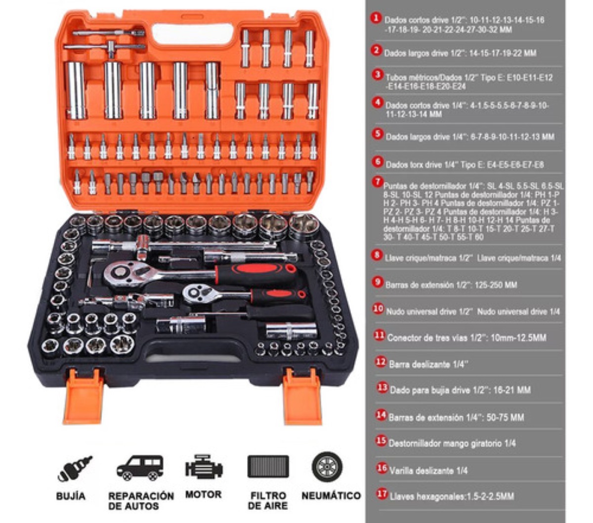 108 Pz Juego De Dados Herramientas Llaves Autocle Estuche naranja