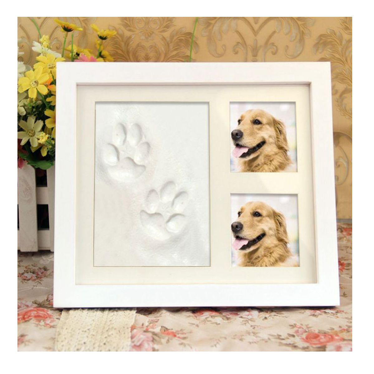 Porta Retrato Para Bebes o Mascotas Con Impresión de Manual de Huella Blanco.