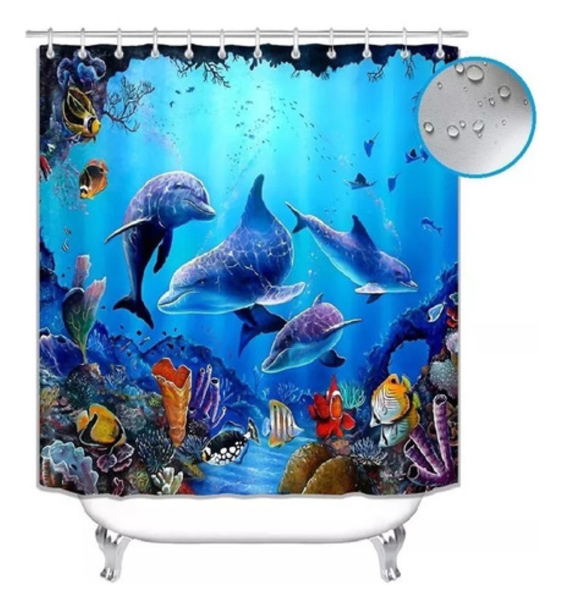 Cortina De Baño, Impermeable, Con Diseño De Ballenas 1.8x1.8 Azul Delfines