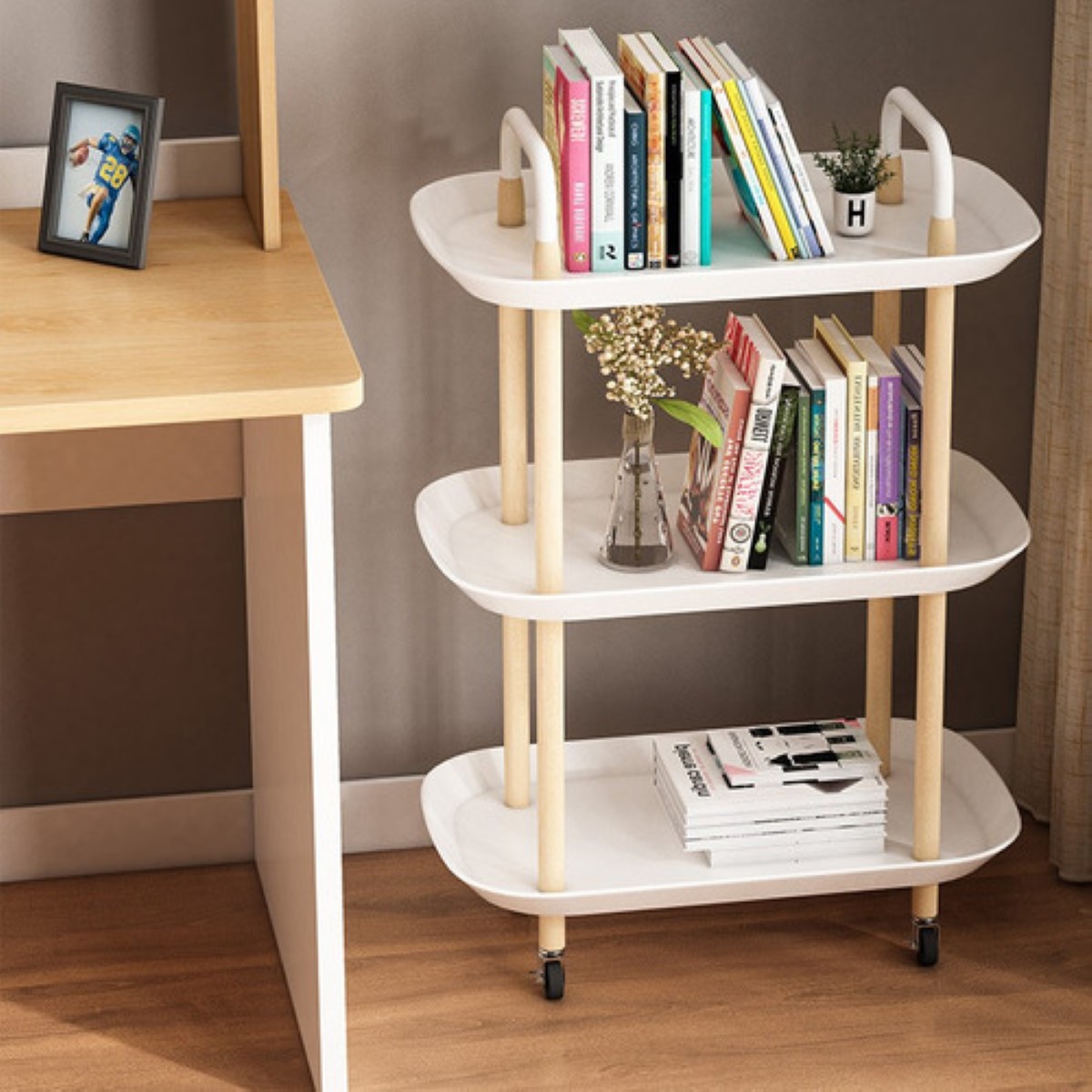 Mesa Auxiliar Madera Con 3 Estantes Mesa Lateral Multiusos Blanco.
