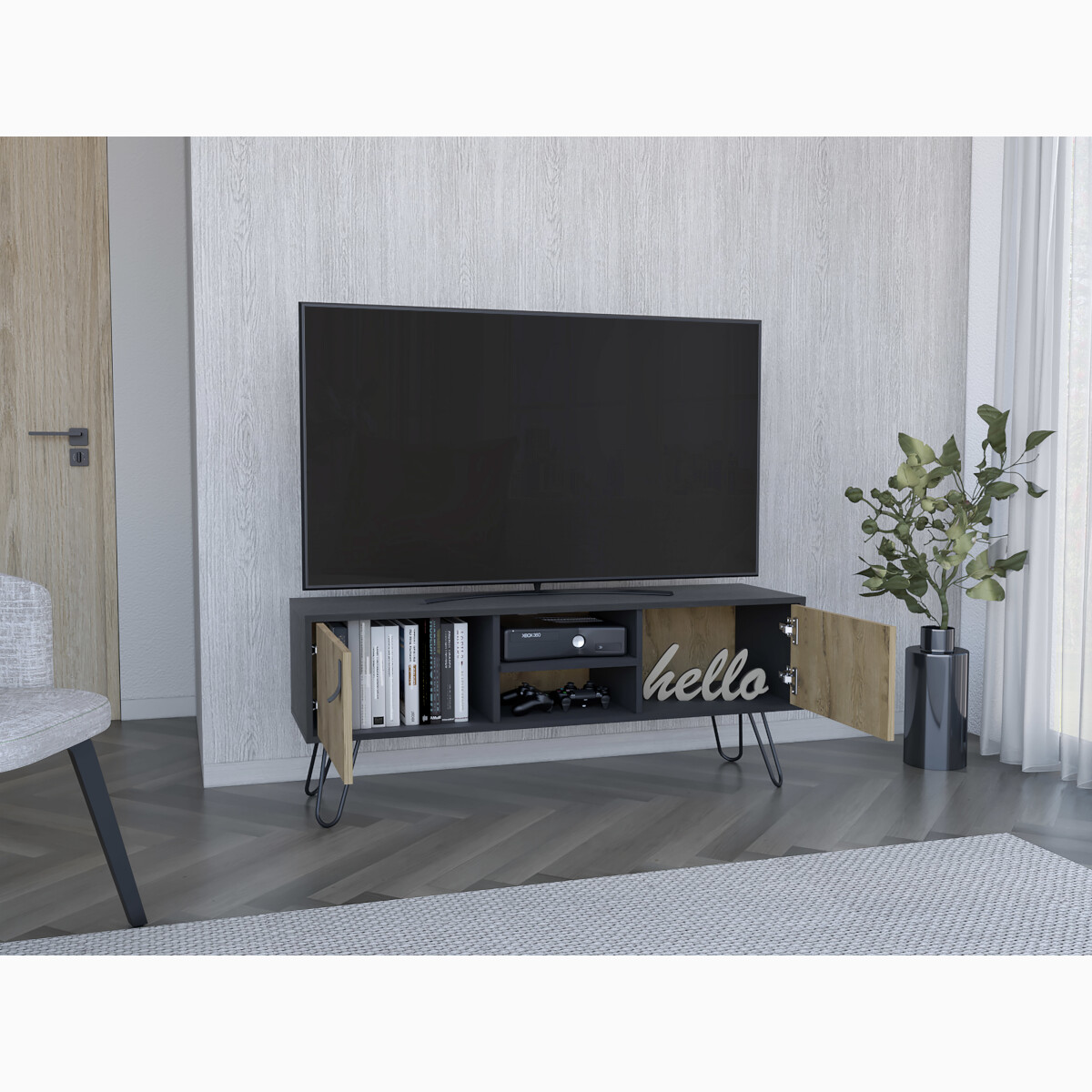 MUEBLE RACK DE TV PARA PANTALLA DE 50" CON ESTANTES Y PUERTAS MODELO HUNA COLOR BEIGE.