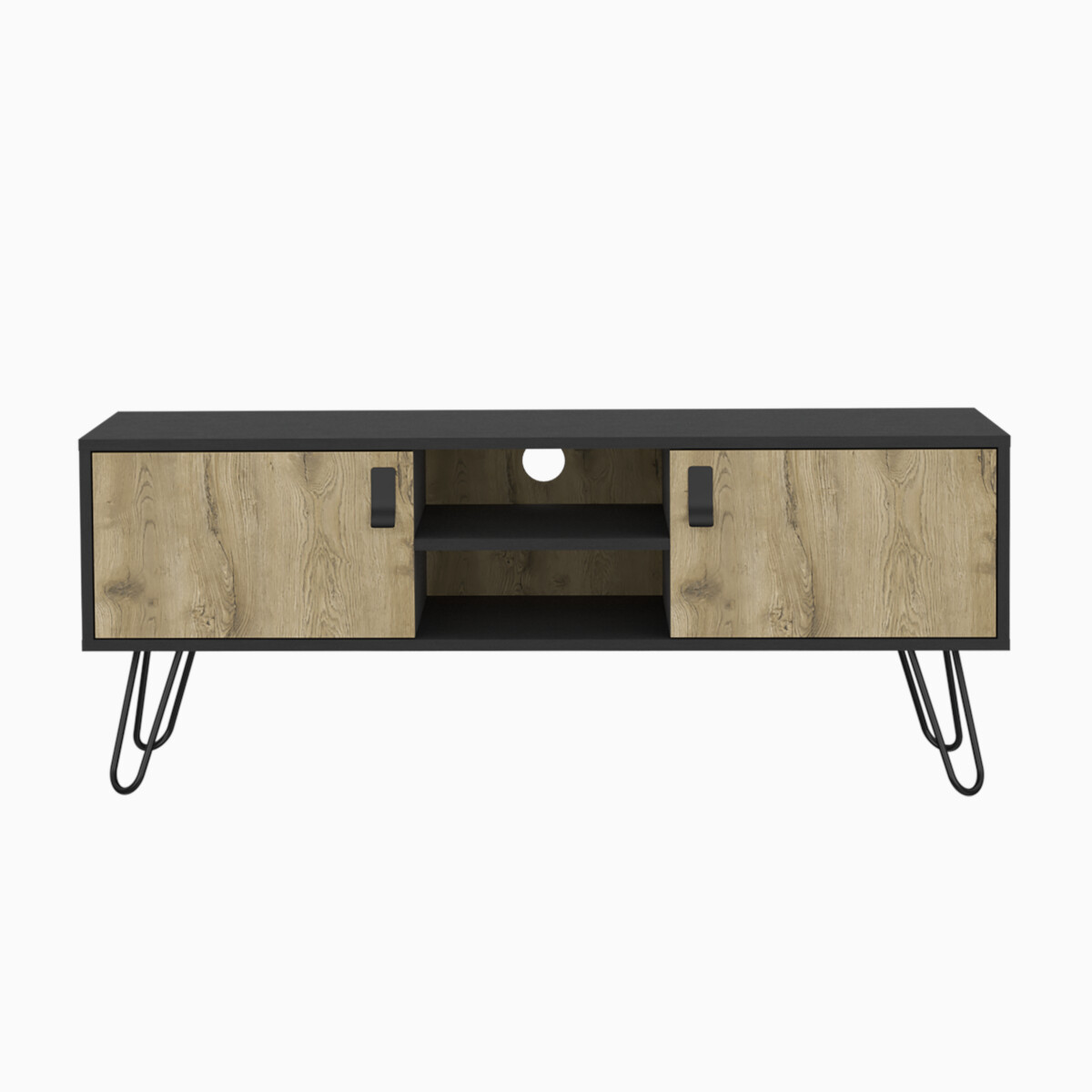 MUEBLE RACK DE TV PARA PANTALLA DE 50" CON ESTANTES Y PUERTAS MODELO HUNA COLOR BEIGE.