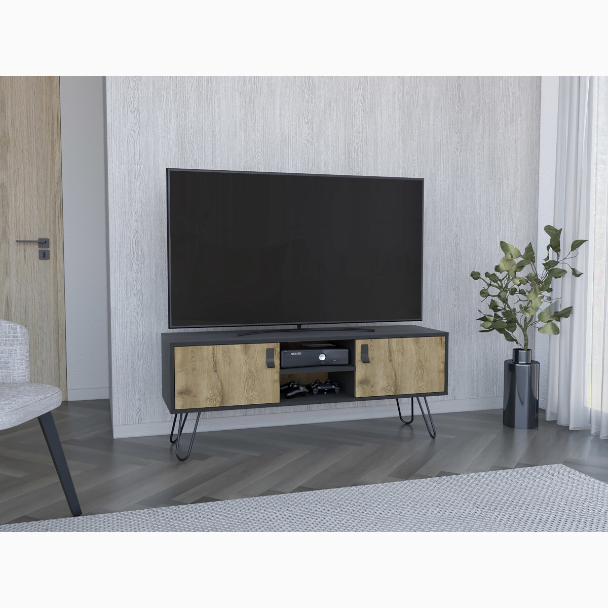 MUEBLE RACK DE TV PARA PANTALLA DE 50" CON ESTANTES Y PUERTAS MODELO HUNA COLOR BEIGE.