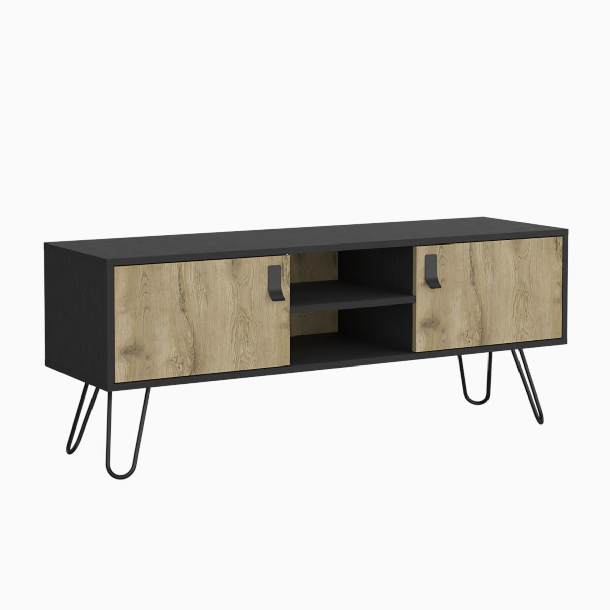 MUEBLE RACK DE TV PARA PANTALLA DE 50" CON ESTANTES Y PUERTAS MODELO HUNA COLOR BEIGE.