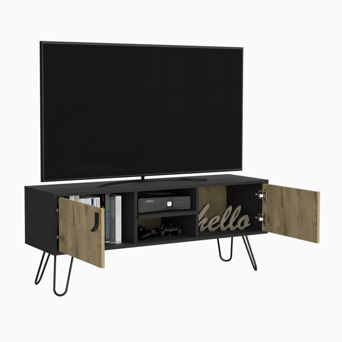 MUEBLE RACK DE TV PARA PANTALLA DE 50" CON ESTANTES Y PUERTAS MODELO HUNA COLOR BEIGE.
