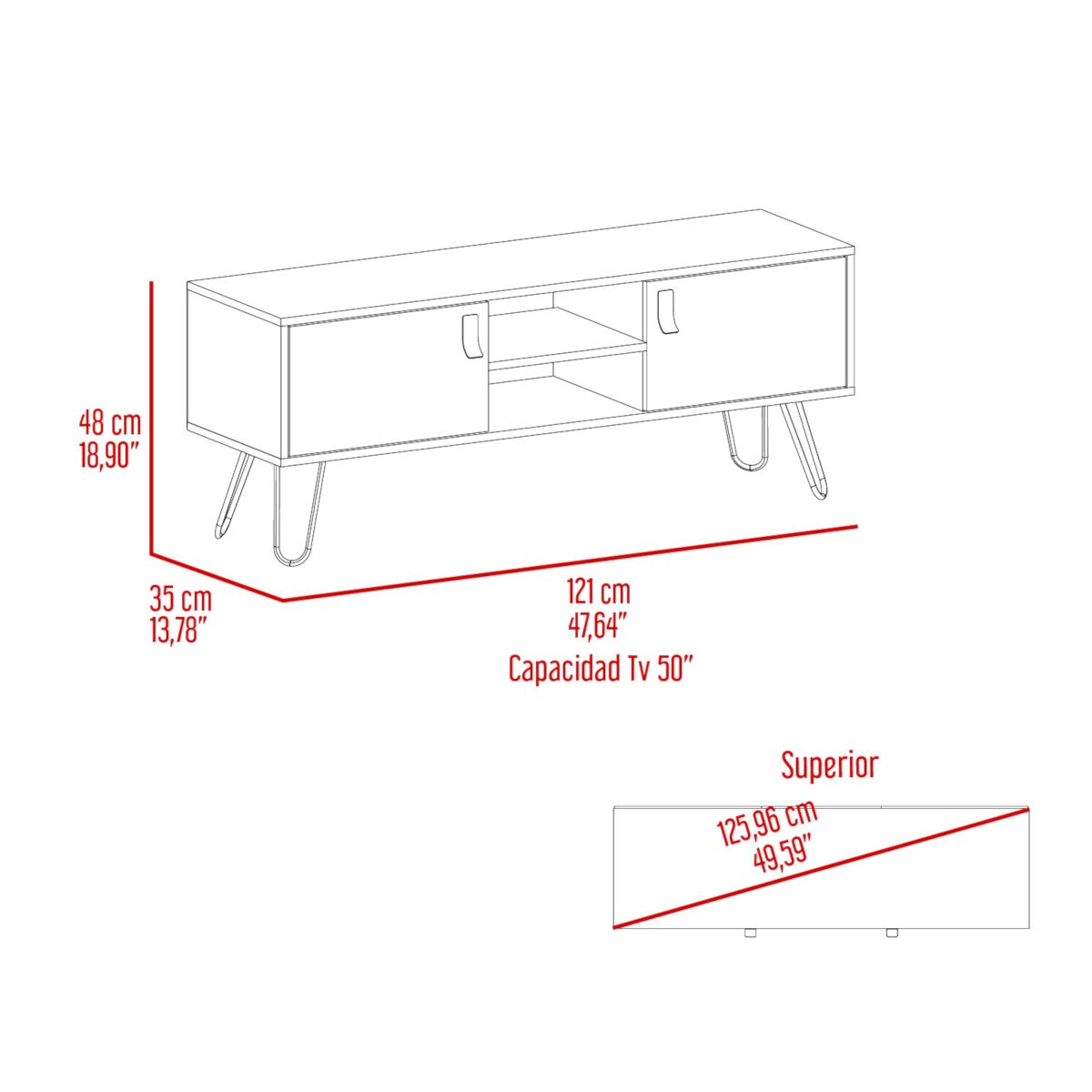 MUEBLE RACK DE TV PARA PANTALLA DE 50" CON ESTANTES Y PUERTAS MODELO HUNA COLOR BEIGE.