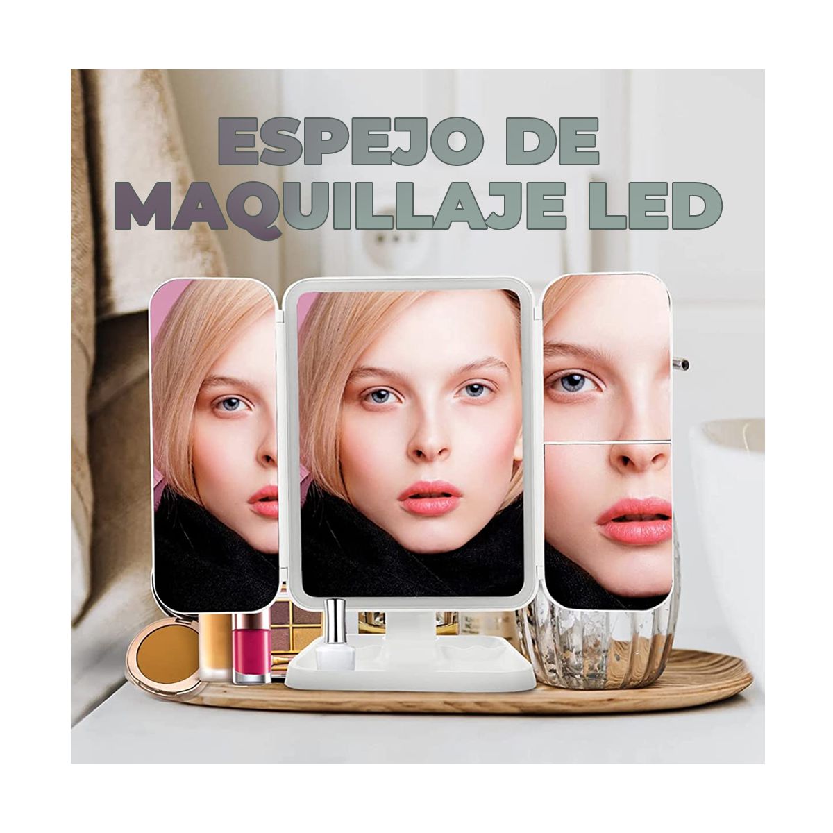 Espejo de Maquillaje Con Luz Led y 3 Aumentos Blanco.