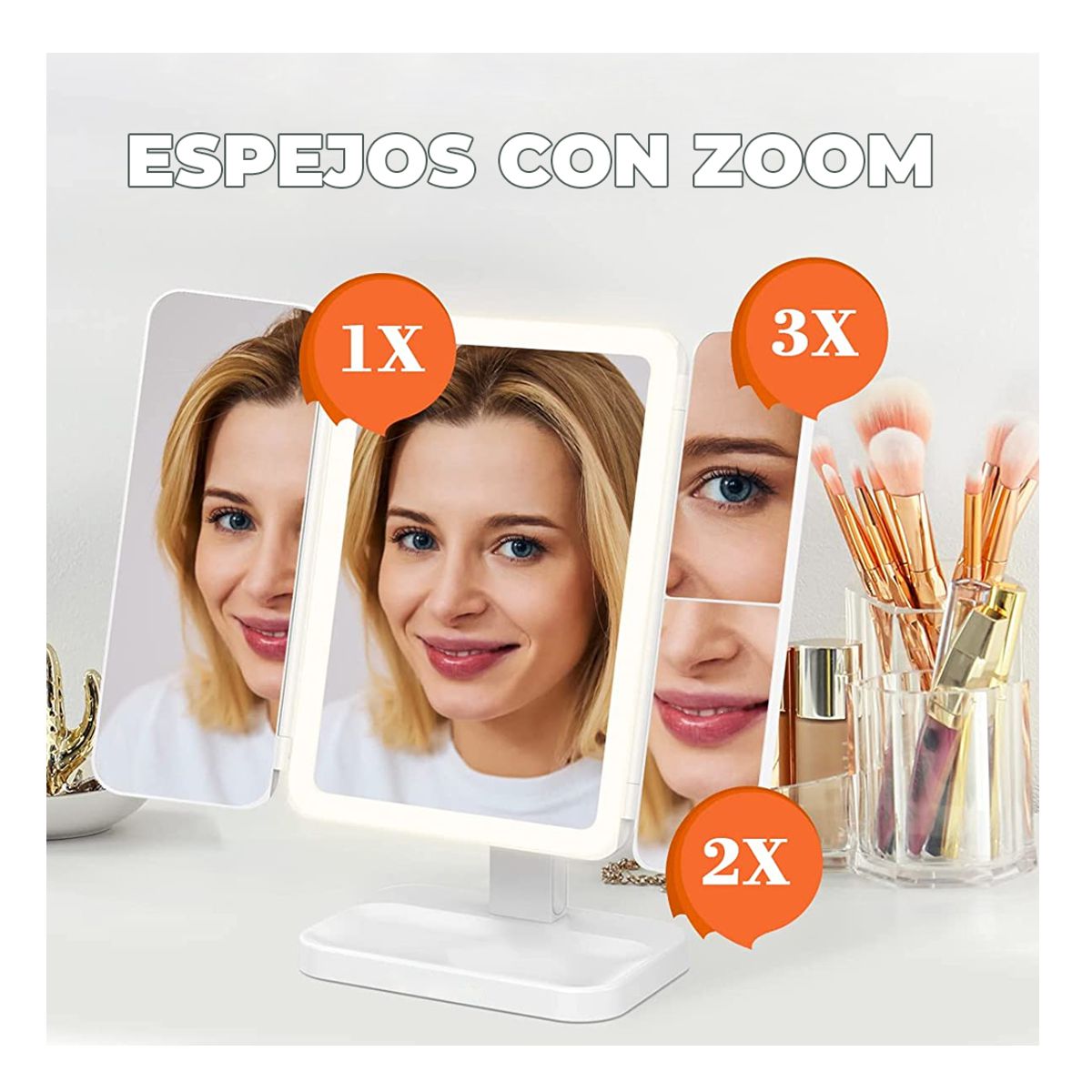 Espejo de Maquillaje Con Luz Led y 3 Aumentos Blanco.