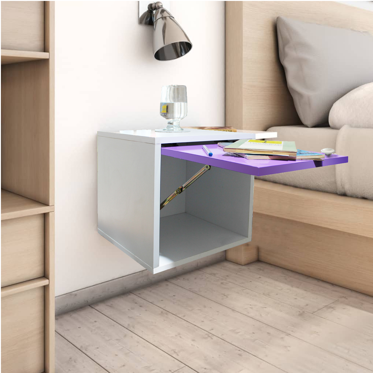 Buro Flotante Recamara Incluye Luz Led Mdf Mesa Envio Ensamblado Blanco.