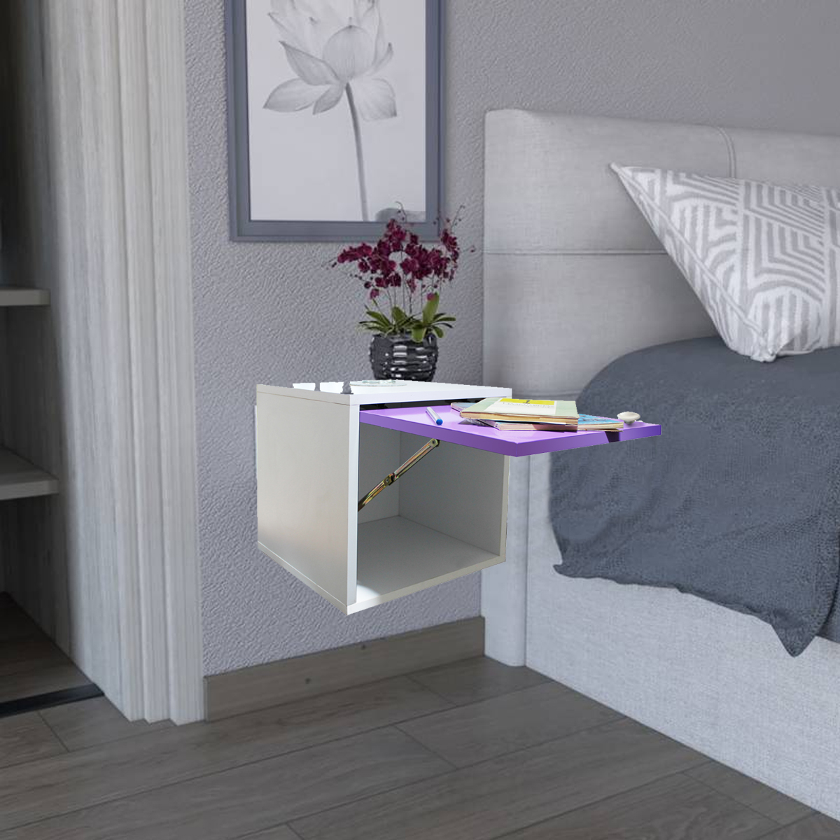 Buro Flotante Recamara Incluye Luz Led Mdf Mesa Envio Ensamblado Blanco.
