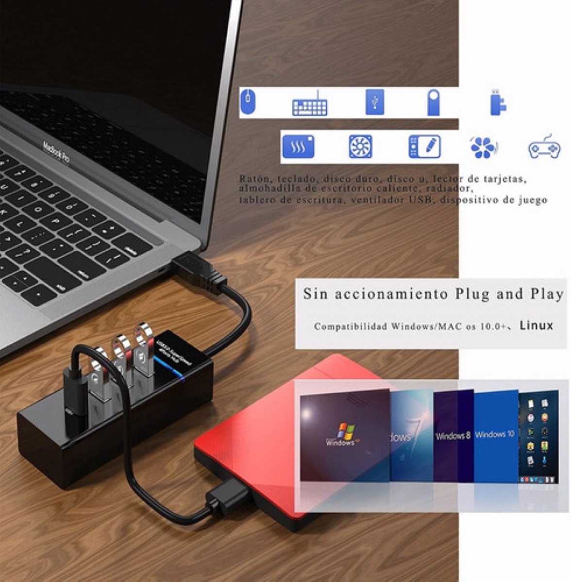 Hub Usb 3.0 4 Puertos Expansor Multi Para Laptop Pc 4 En 1