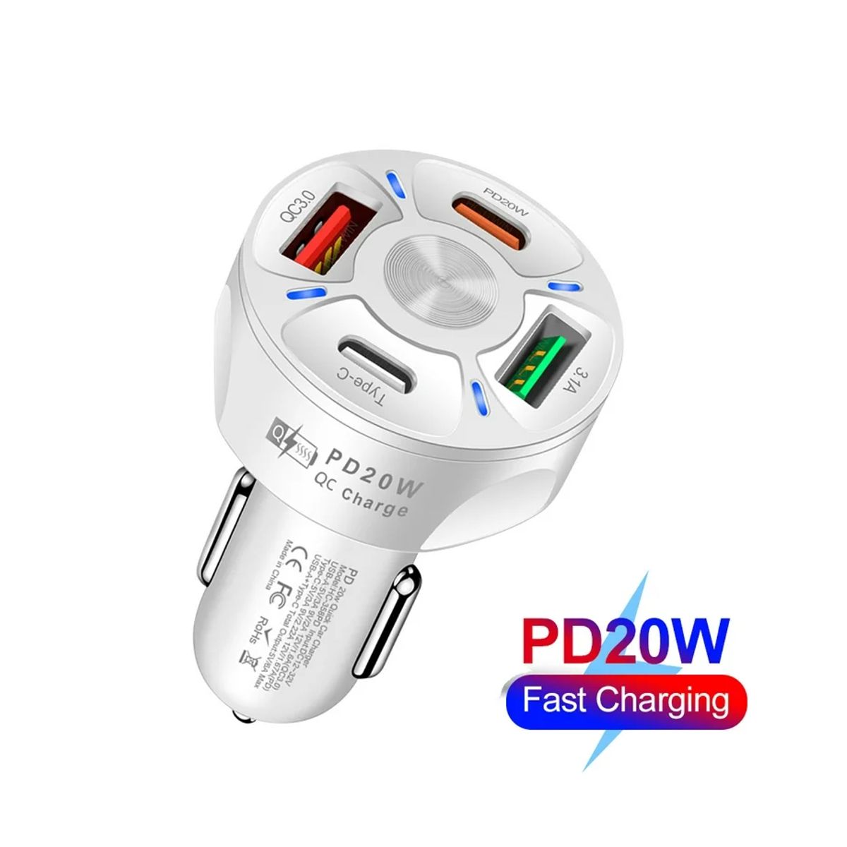 Cargador De Auto 4 En 1 Para Celular 2xusb Tipo A 2x Usb Tipo C Blanco.