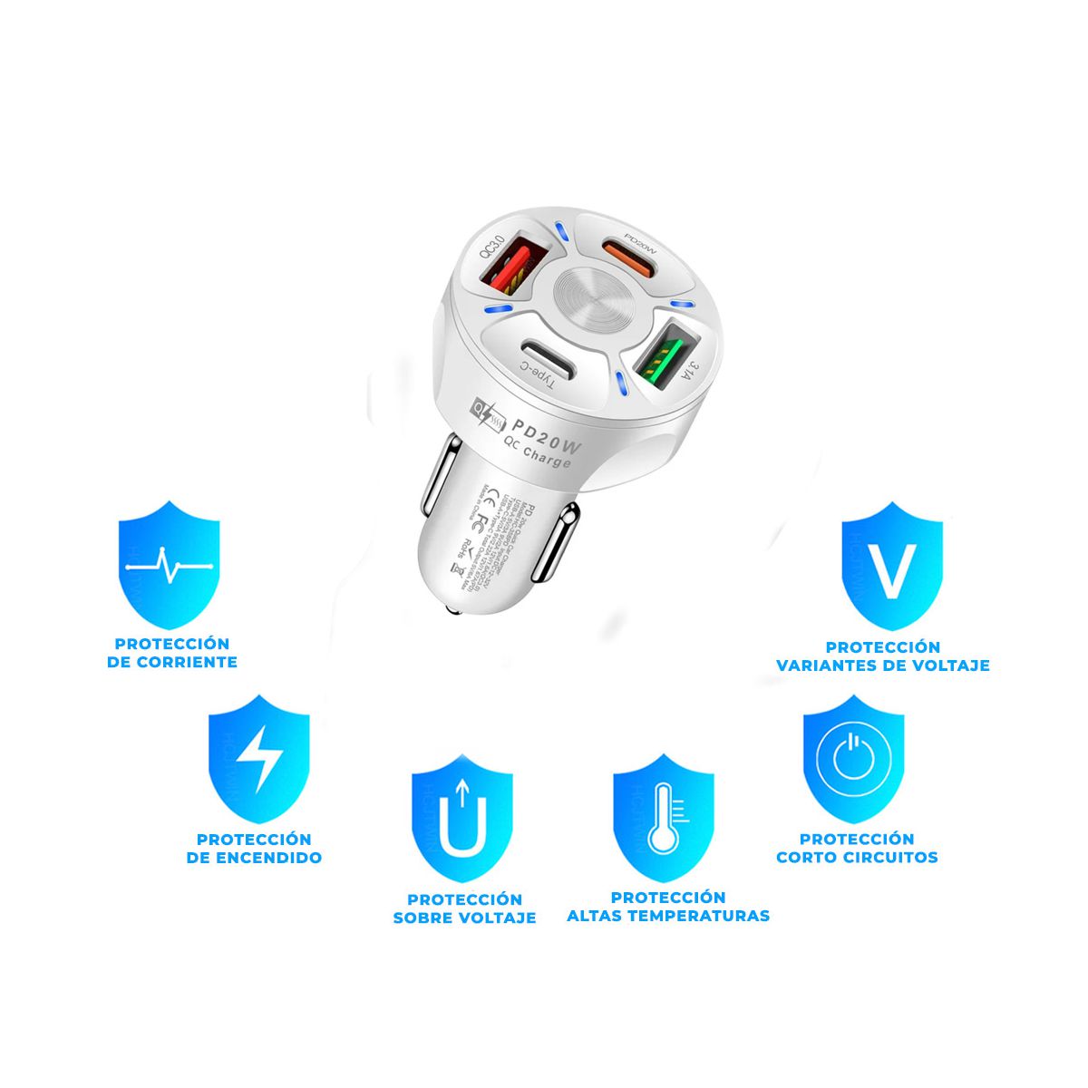 Cargador De Auto 4 En 1 Para Celular 2xusb Tipo A 2x Usb Tipo C Blanco.