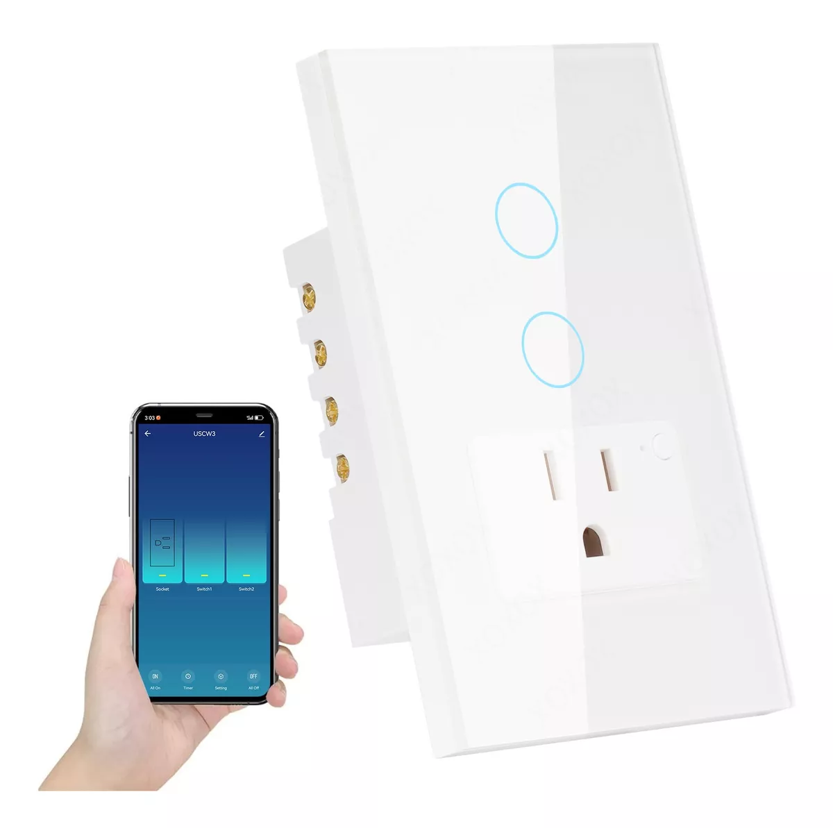 2pc Apagador Con Enchufe Wifi Inteligente 2botón Interruptor Blanco.