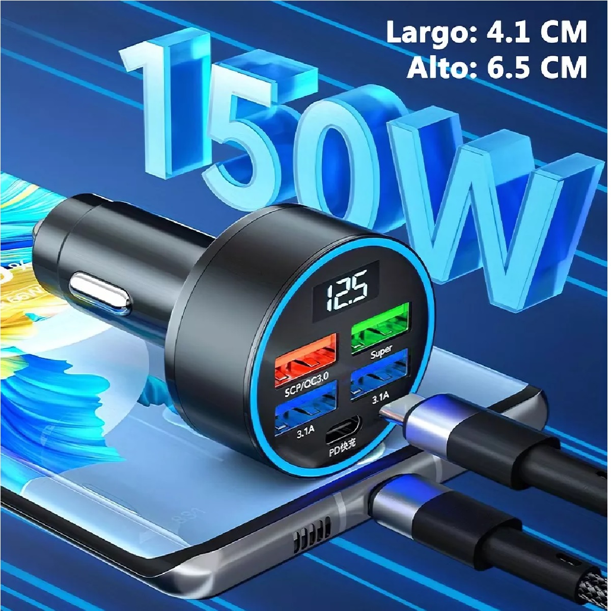 Cargador Para Auto 150w Tipo C Carga Rapida Pd|qc 3.0|5usb.