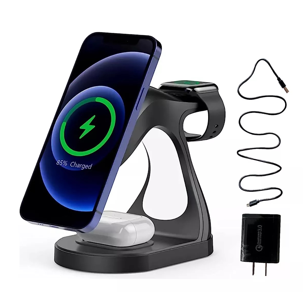 Cargador Inalámbrico  15w iPhone AirPods Apple Watch Color Negro.
