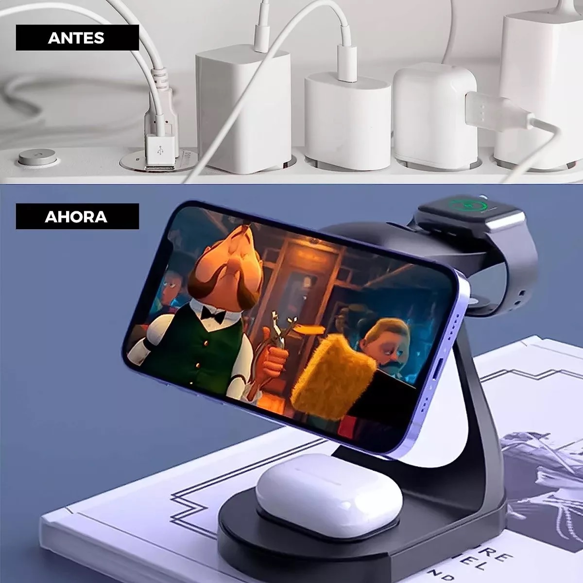 Cargador Inalámbrico  15w iPhone AirPods Apple Watch Color Negro.