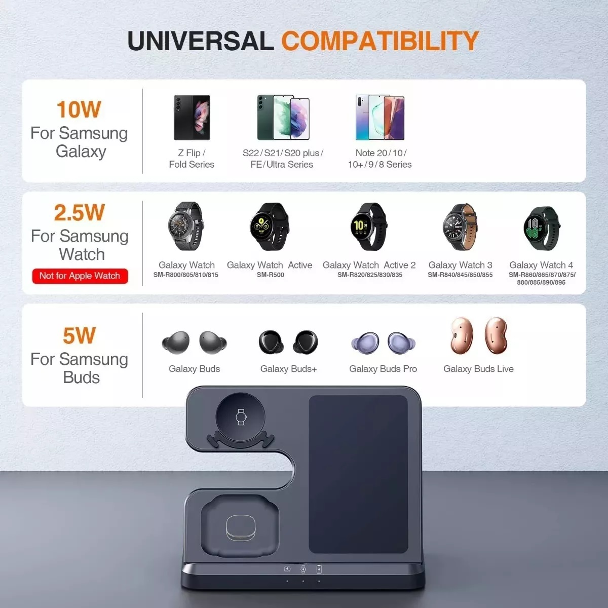 Cargador Inalámbrico 3 En 1 Para Samsung iPhone AirPods Negro.