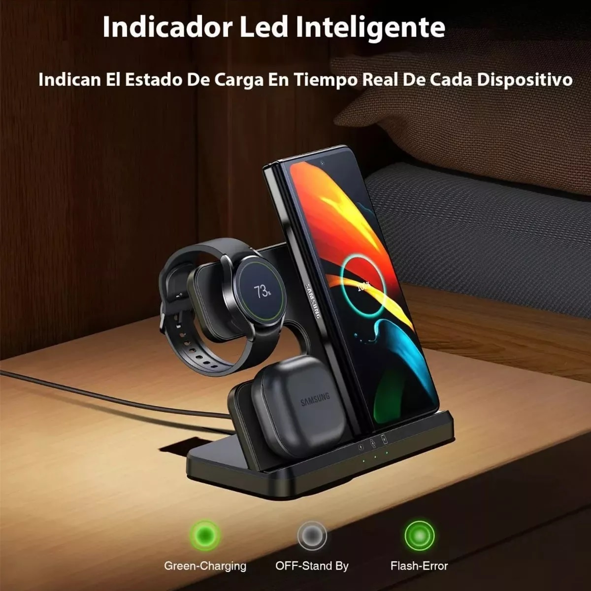 Cargador Inalámbrico 3 En 1 Para Samsung iPhone AirPods Negro.