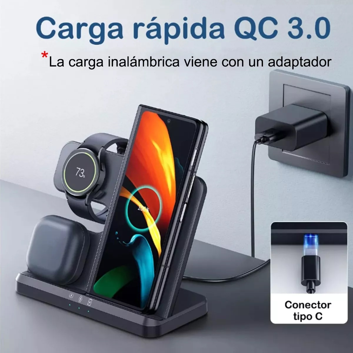Cargador Inalámbrico 3 En 1 Para Samsung iPhone AirPods Negro.