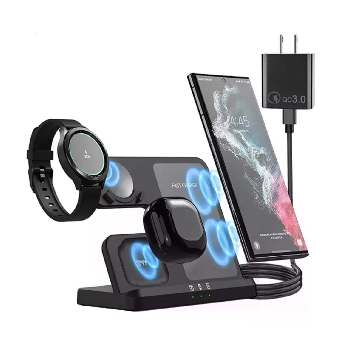 Cargador Inalámbrico 3 En 1 Para Samsung iPhone AirPods Negro.