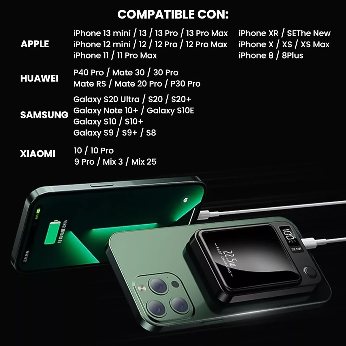 Power Bank Inalámbrico Magnético 10000mah 5.0a 22.5w Usb-c Qi Negro.