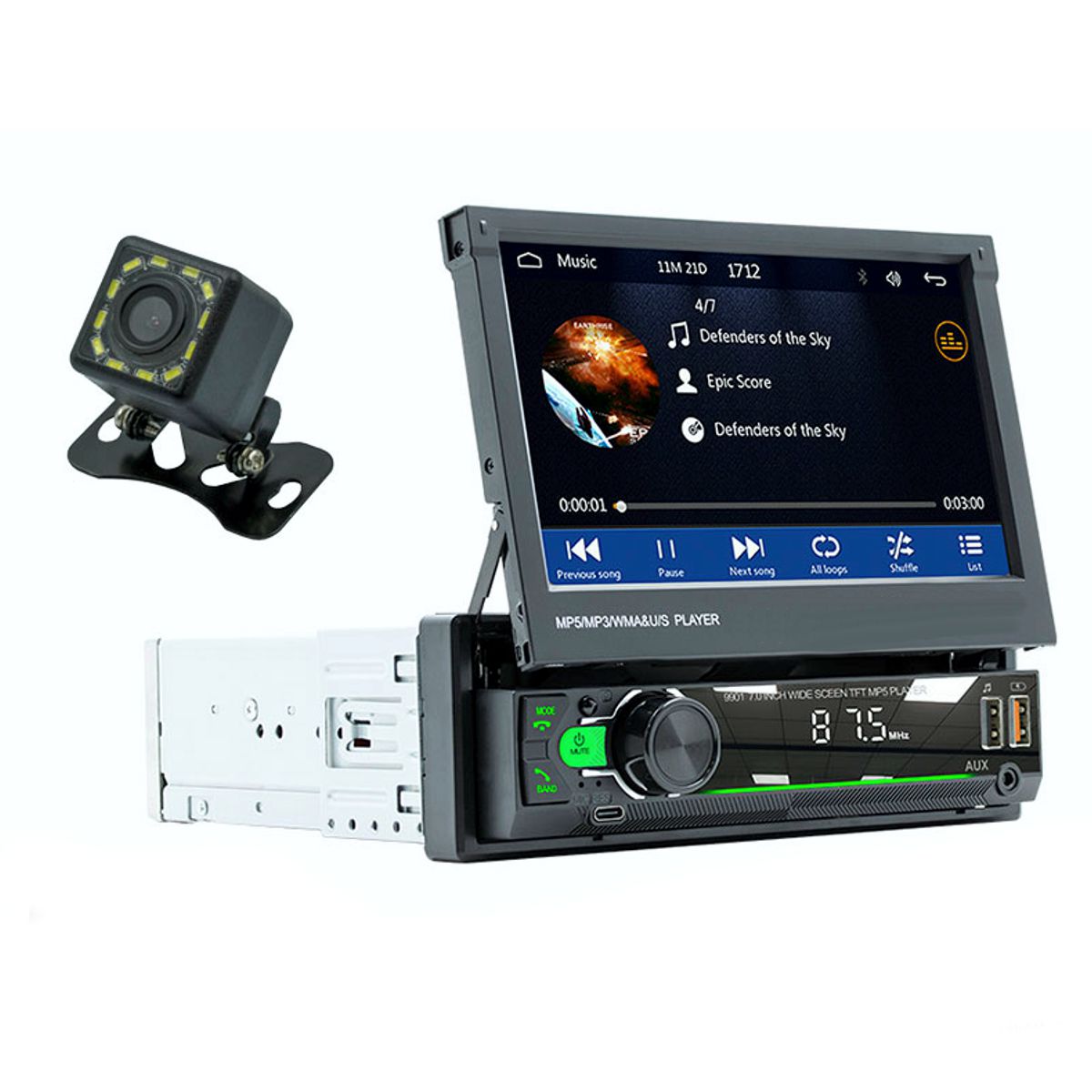 Autoestereo 1din Pantalla 7'' Tactil Retractil Mirrorlink Camara Reversa Elegate Negro.