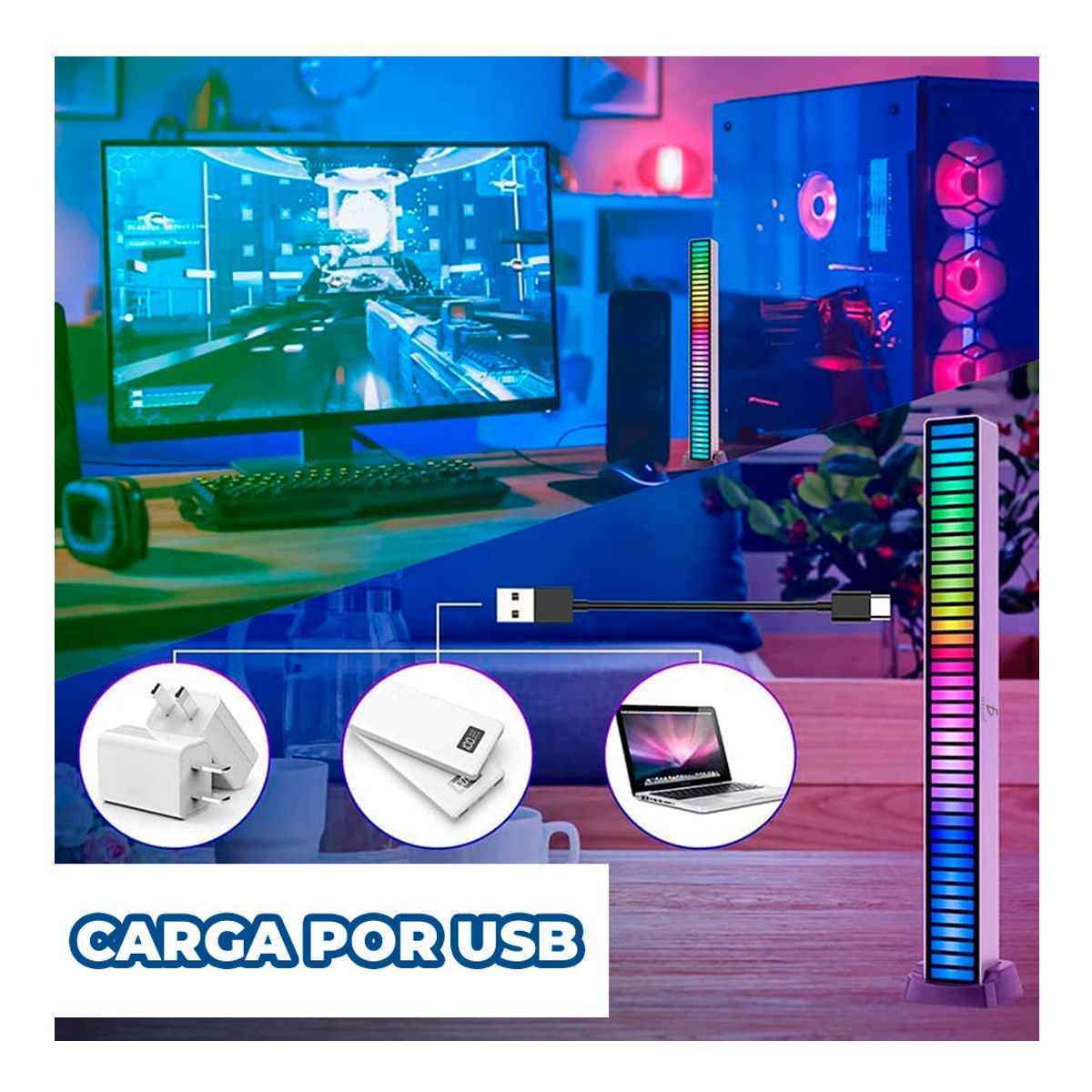 Barra De Luz Led Rgb Audioritmica Recargable De Escritorio.