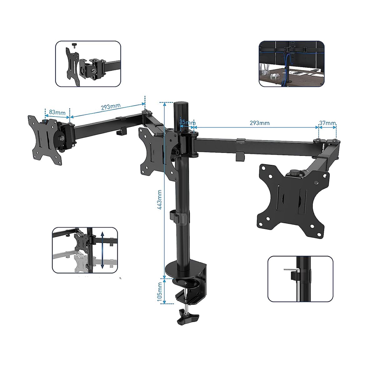 Soporte Articulado Para 3 Monitores De 14 A 32 Pulgadas Negro.