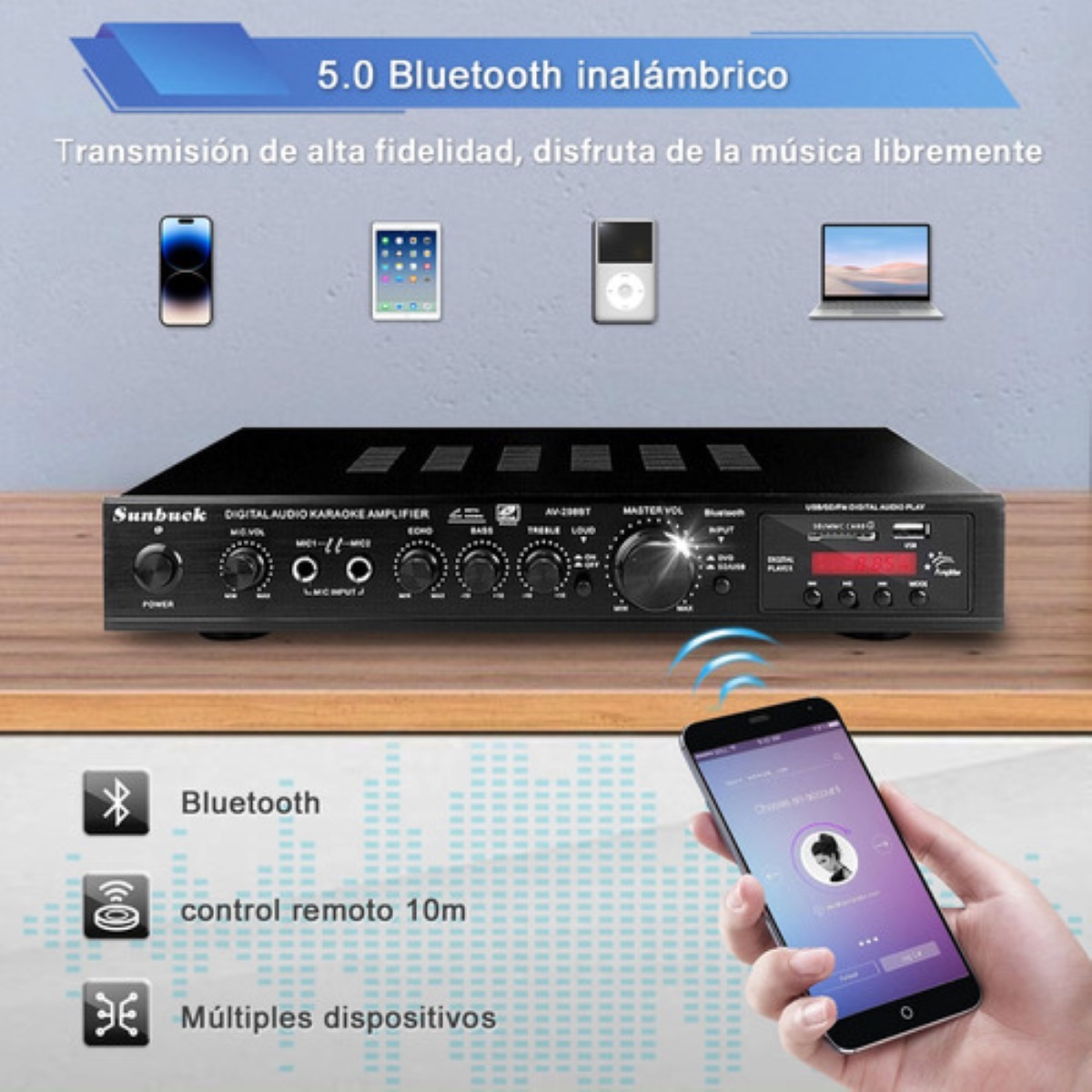Amplificador De Audio Sunbuck Av-298bt De 5 Canales, 2000w